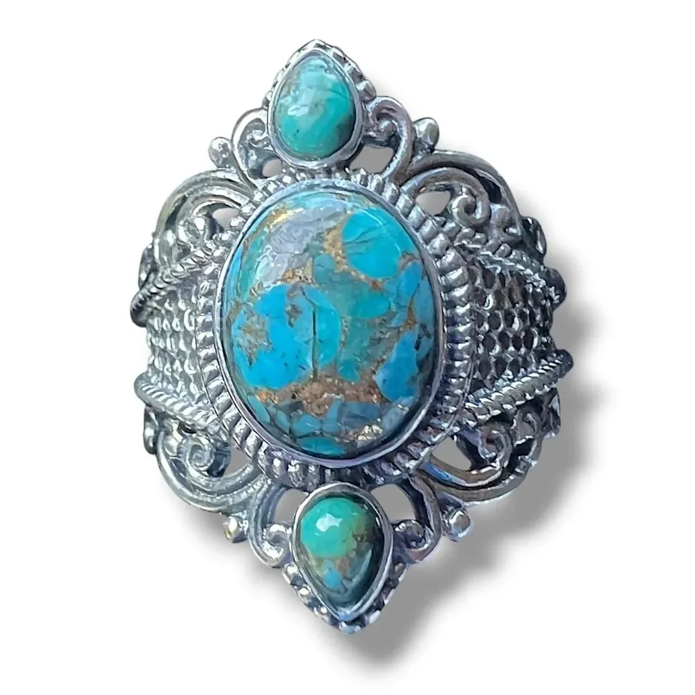 Vintage Blue Copper Turquoise Statement Ring – Size 8 - Sterling Silver Plated